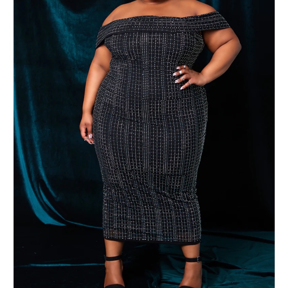 REBDOLLS: Flashing Lights Beaded Mesh Off Shoulder Maxi Bodycon Dress